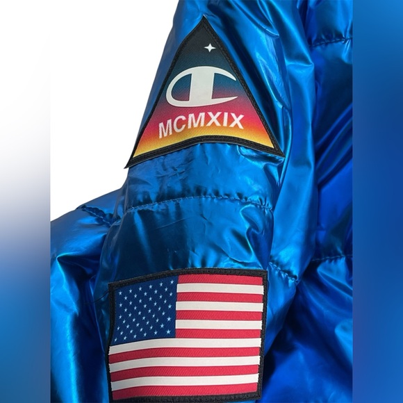 RARE Champion x NASA Metallic Puffer Jacket Mens Blue Quilted Space - Picture 8 of 12